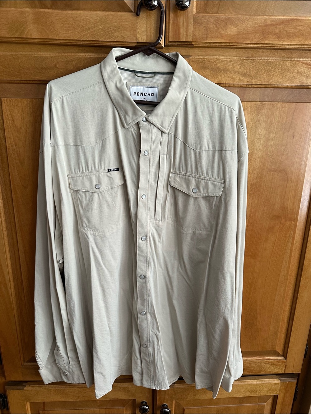 Poncho Men's Casual Button-Down Shirt in Light Beige long sleeve